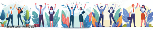 Happy Business Team Celebrating Success Outdoors – Corporate People with Raised Hands