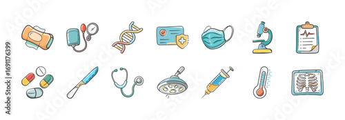 Hand drawn medical tools and healthcare icons collection - Set of colorful hand drawn medical and healthcare icons including stethoscope, syringe, pills, microscope, mask, DNA, and thermometer.