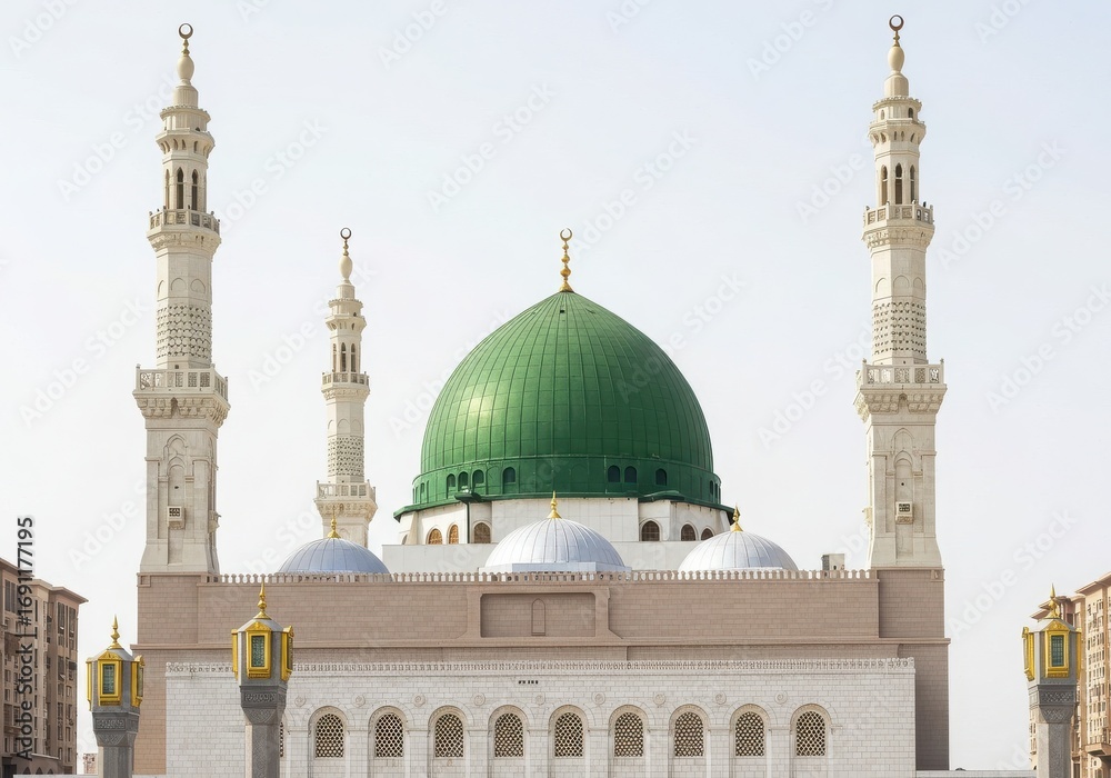 Fototapeta premium Iconic green dome mosque with tall minarets under a bright sky