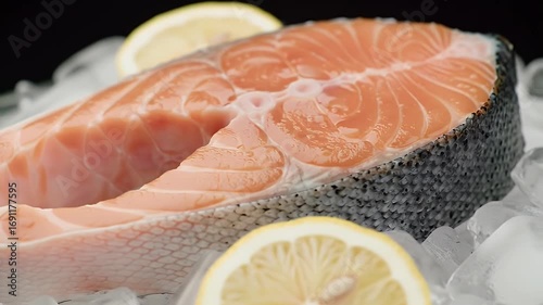 Raw Salmon Steak on Ice with Lemon Slices against Black Background