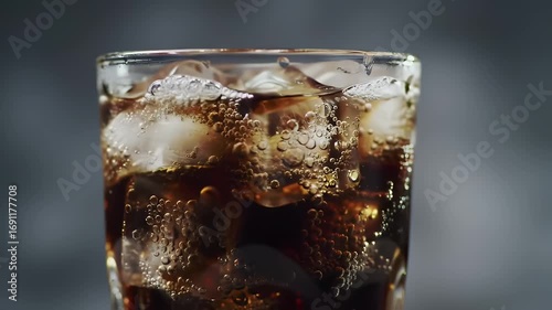Refreshing Iced Cola in Clear Glass with Bubbles and Condensation Against Gray Background