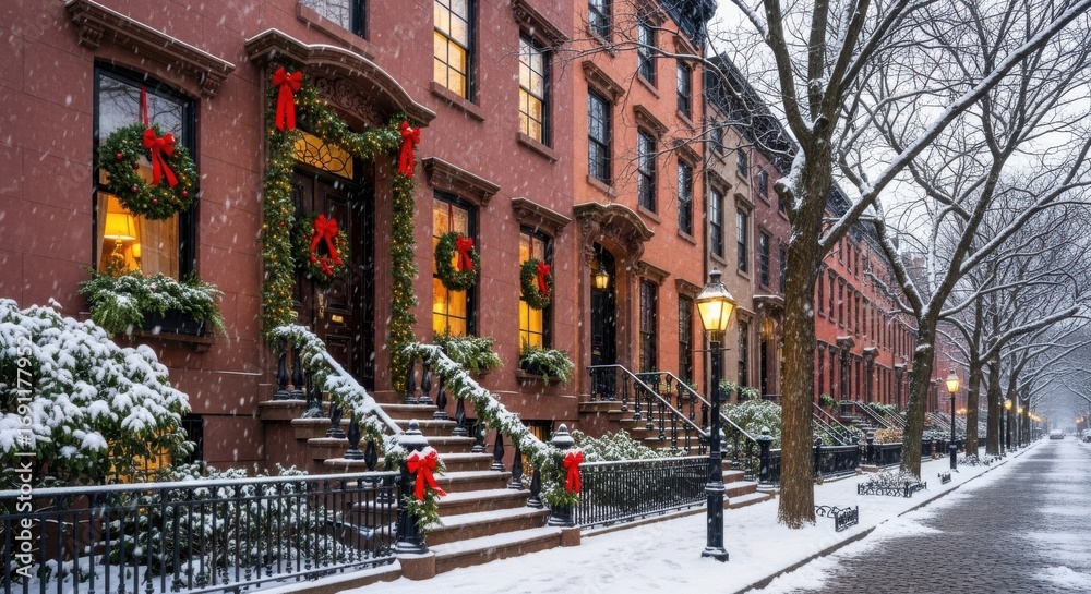 Fototapeta premium Winter Snowfall on a Historic Brownstone Street Decorated for Holidays