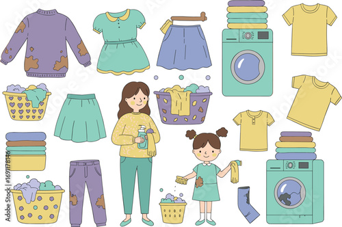 Laundry room scene, washing clothes process, woman and child doing laundry, detergent and washing machines, household chores concept, cad drawing flat vector illustration