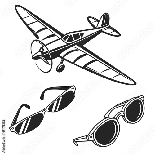 Monochrome vintage aviation icons with propeller plane and glasses