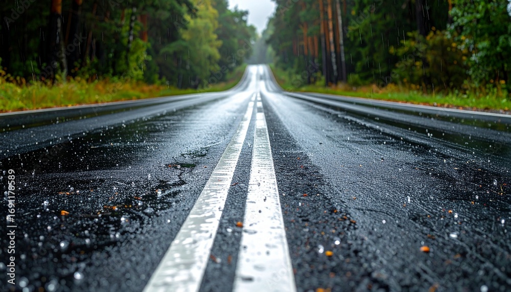 Fototapeta premium Serene Rainy Road Through Lush Green Forest.