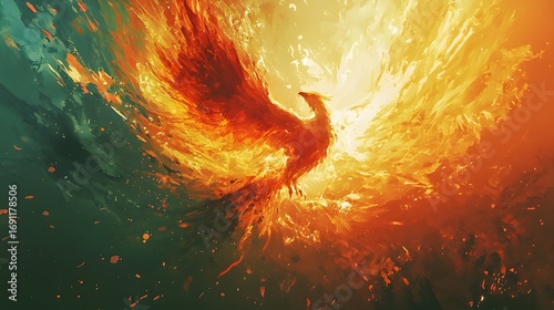 A magnificent phoenix bird takes flight, its fiery feathers ablaze against the backdrop of a mystical and ethereal landscape, this art piece captures a sense of rebirth and transformation.