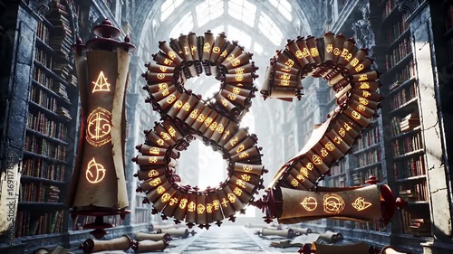 Scroll Numbers in Library Depicting Figures with Intricate Details and Soft Lighting