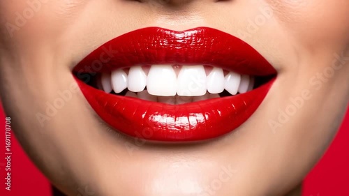 Close-up of a woman's mouth with vibrant red lipstick and a bright smile