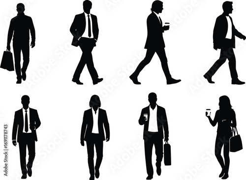 Business people silhouettes, corporate professionals in various poses, walking, standing, holding coffee, shopping bags, briefcases, office lifestyle, vector illustration for marketing, presentations,