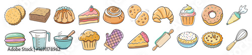 Hand drawn baking and dessert doodle icons - Collection of colorful hand drawn doodle icons showing cakes, cookies, pastries, baking tools, and sweet desserts for culinary themes.