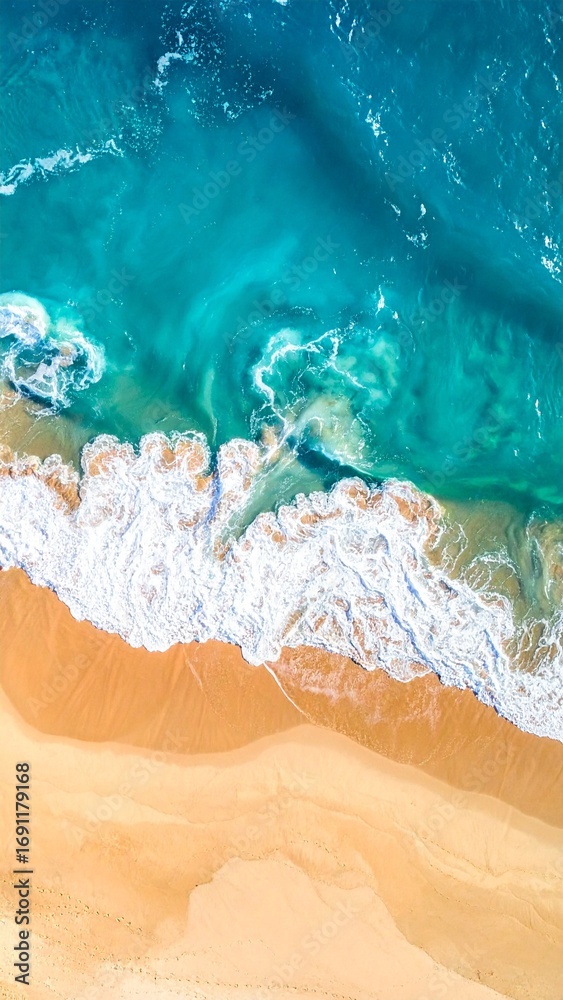 Fototapeta premium Aerial View of Turquoise Ocean Waves Crashing on Sandy Beach.