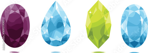 Faceted gemstones, colorful precious stones, oval and teardrop cuts, diamond shapes, sparkling crystals, luxury jewelry design, gemstone illustration, CAD drawing flat vector illustration