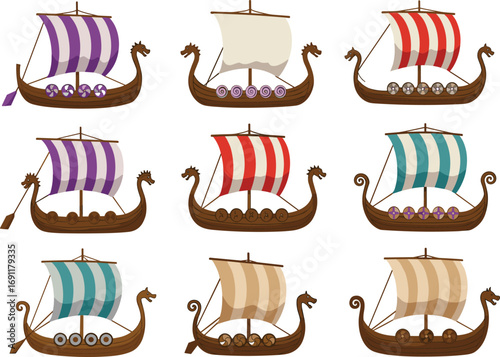 Viking ship illustration, cartoon style longboats, colorful sails and shields, Nordic dragon prow design, historical maritime concept, cad drawing flat vector illustration