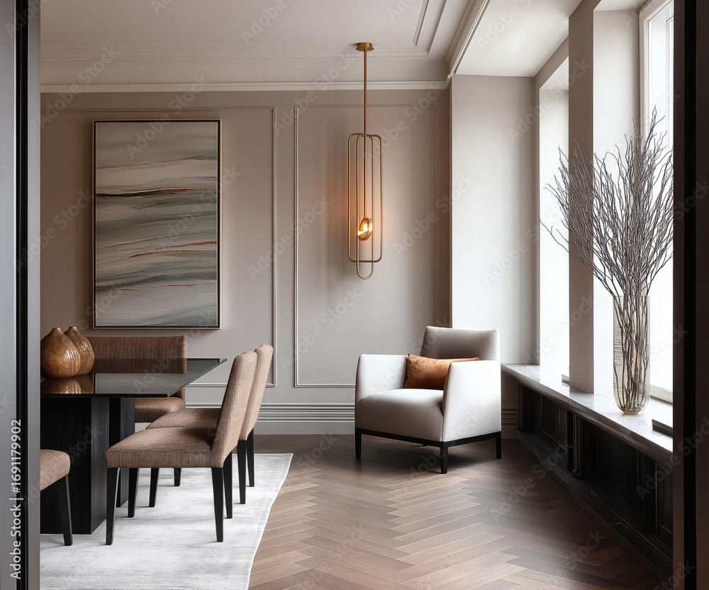 Fototapeta premium Aesthetic beautiful elegant modern luxury interior design. Clear mock up empty wall for decoration in the apartment, painting frame. Copy space in the room.