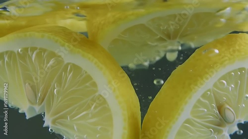 Slices of Yellow Lemon Submerged in Sparkling Clear Water with Bubbles and Refreshing Zest