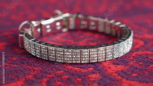 Sparkling Jeweled Dog Collar on Patterned Red Cloth Close Up Pet Accessory Fashionable