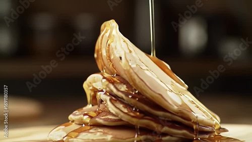Stack of Golden Brown Pancakes Dripping with Syrup on Wooden Table with Dark Background