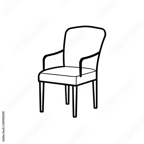 Illustration of a simple armchair with armrests and four legs in black and white outline style on transparent background