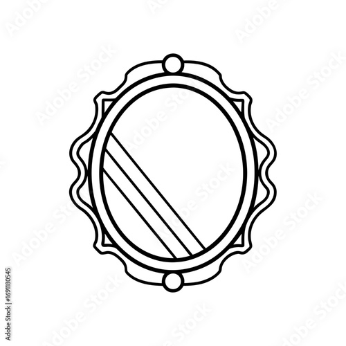 Illustration of an ornate oval mirror with a decorative frame and two diagonal lines inside it on transparent background