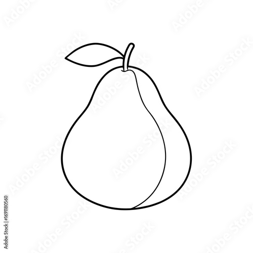 A simple line drawing of a pear with a leaf attached to the stem on a plain white background surface view on transparent background