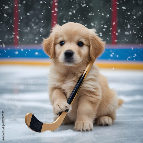 A fluffy brown-and-white collie puppy sled dog joyfully enjoys the cold winter snow | dog playing hockey
