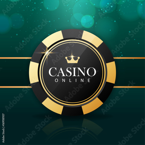 Round poker chip. Casino online chip, gold and black vector illustration.
