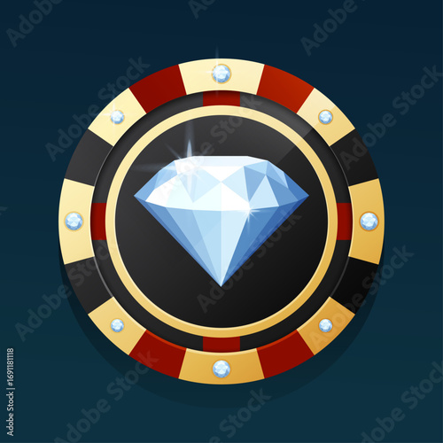 Round poker chip with diamant. Casino online chip, gold and black vector illustration.
