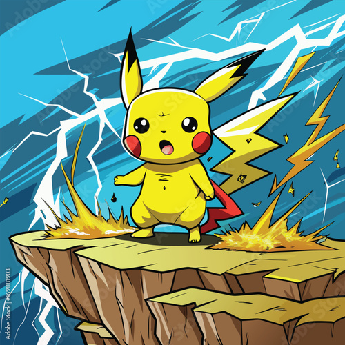 Charming electric rodent stands on cliff, unleashing a powerful electric attack