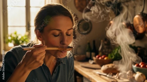 Professional female chef tasting and evaluating food from wooden spoon in authentic kitchen environment with warm culinary atmosphere