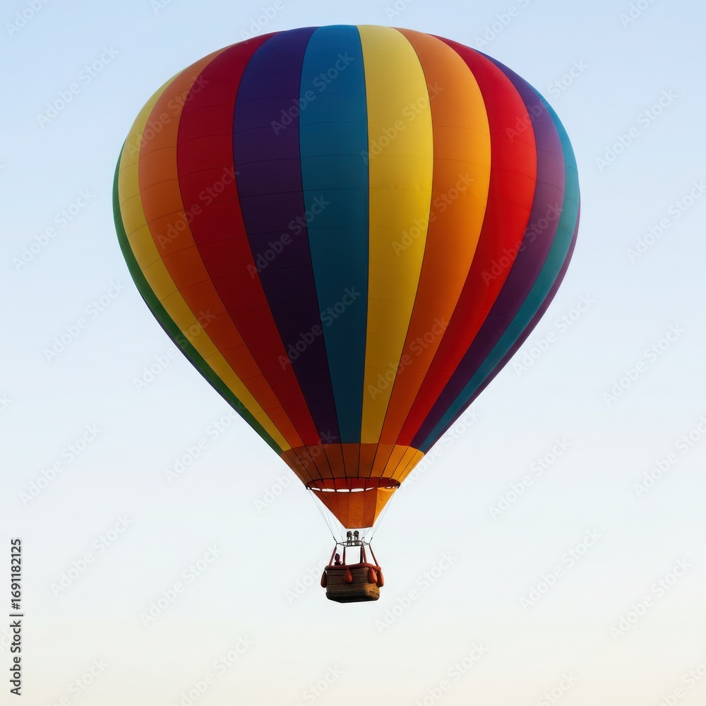 Naklejka premium Vibrant rainbow hot air balloon ascending into a clear sky