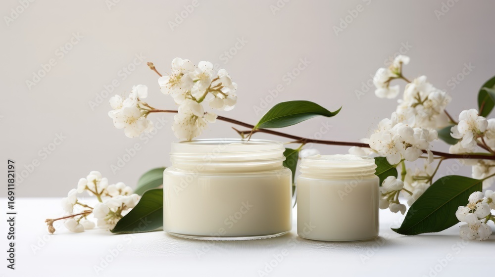 A jar of skin care cream is located among delicate pink flowers, demonstrating the concept of natural beauty on a spring floral background. A jar of skin care cream is located among delicate pink flowers, demonstrating the concept of natural beauty on a spring floral background.