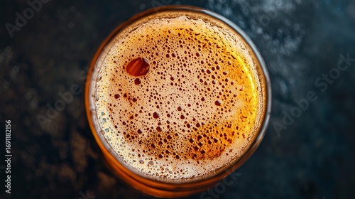 Top view of a frothy beer glass with rich amber color and bubbles on a dark textured background.