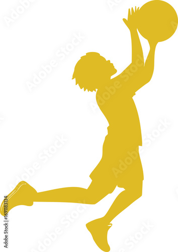 Dynamic yellow silhouette of basketball player dunking action shot isolated transparent background