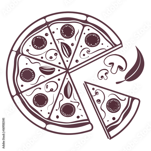 Pizza with Mushrooms and Pepperoni Hand Drawn Illustration
