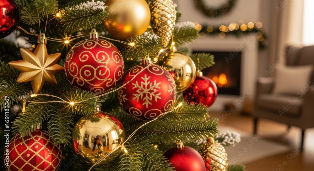 Fototapeta premium Beautifully Decorated Christmas Tree with Ornaments and Lights