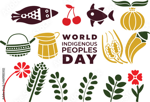 Celebrate world indigenous peoples day with diverse cultural symbols and natural elements in vibrant colors transparent background