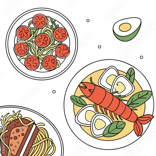 Delicious Food Illustration Spaghetti, Shrimp, and Avocado Displayed