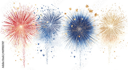 Festive Fourth of July Fireworks Display with Red White and Blue Elements and Golden Stars