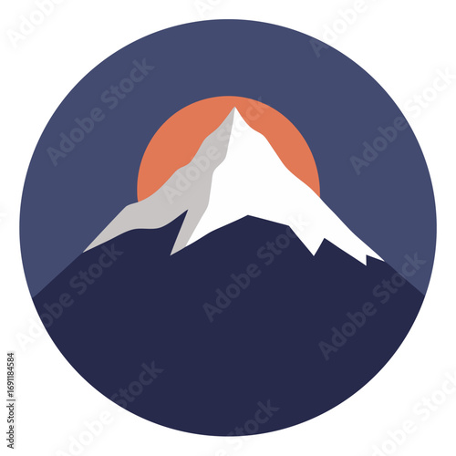 Vector illustration of a snowy mountain peak at sunset or sunrise in a circle