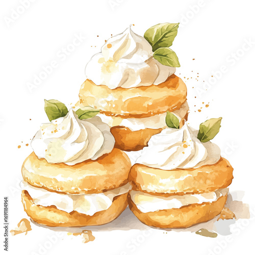 watercolor vector of Profiteroles, isolated on a white background.