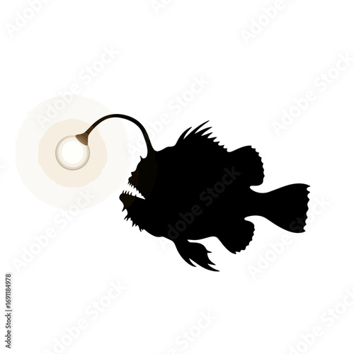 Anglerfish silhouette with glowing lure isolated on white background