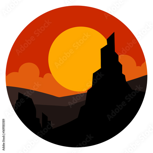 Vibrant desert sunset silhouette with rocky outcrop vector graphic