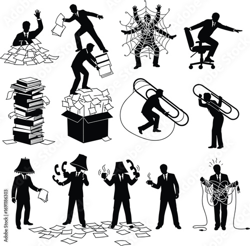 Businesspeople overwhelmed by paperwork, tangled cables, and using office items in creative, chaotic office scenarios