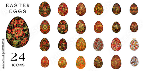 Colorful Easter eggs decorated with floral patterns in various Khokhloma-style designs, set of 24 pieces