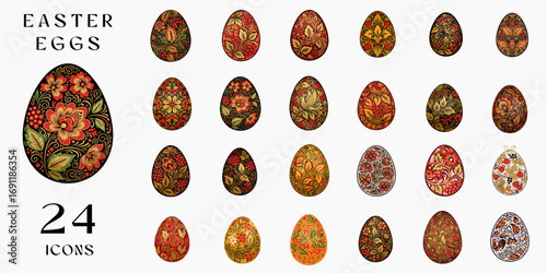 Colorful Easter eggs icons set of 24 with floral patterns and designs Khokhloma-style 