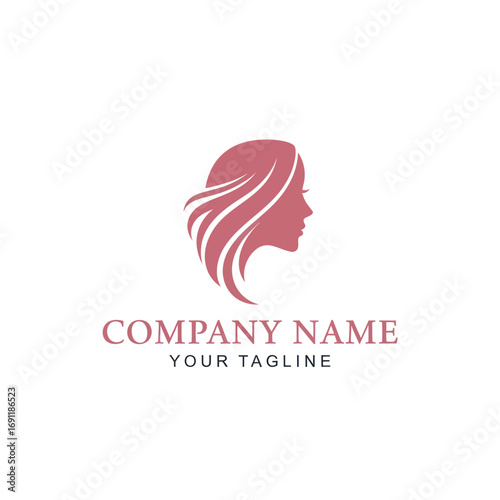 Elegant pink silhouette logo of a woman's head in profile with flowing hair, suitable for beauty brands.