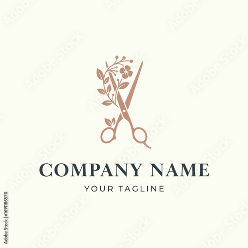 Elegant logo design featuring scissors intertwined with floral elements, perfect for a beauty salon.