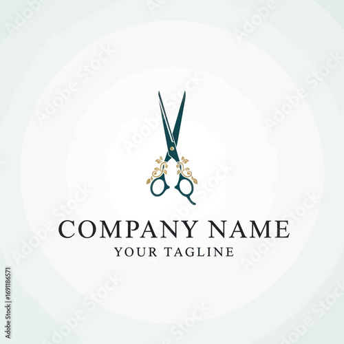 Elegant logo design featuring teal colored scissors with floral accents, ideal for a salon or barbershop.