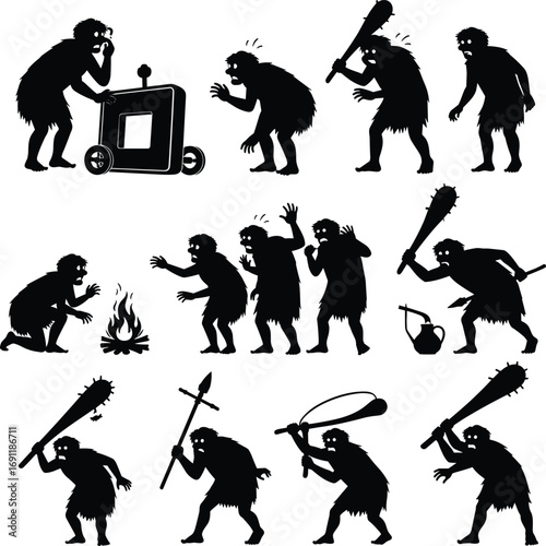Caveman silhouettes in various prehistoric activities, holding weapons, discovering fire, and using primitive tools in black vector style.
