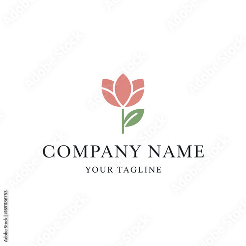 Elegant logo template featuring a stylized pink tulip with a green leaf, with placeholder text for company name and tagline.